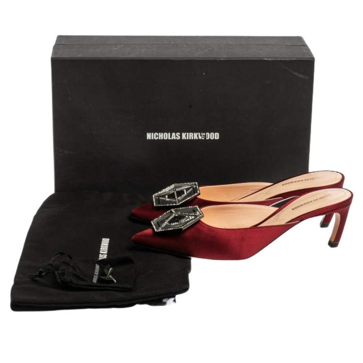 Pre Owned Nicholas Kirkwood Burgundy Satin Eden Crystal Embellished Mules Size 38