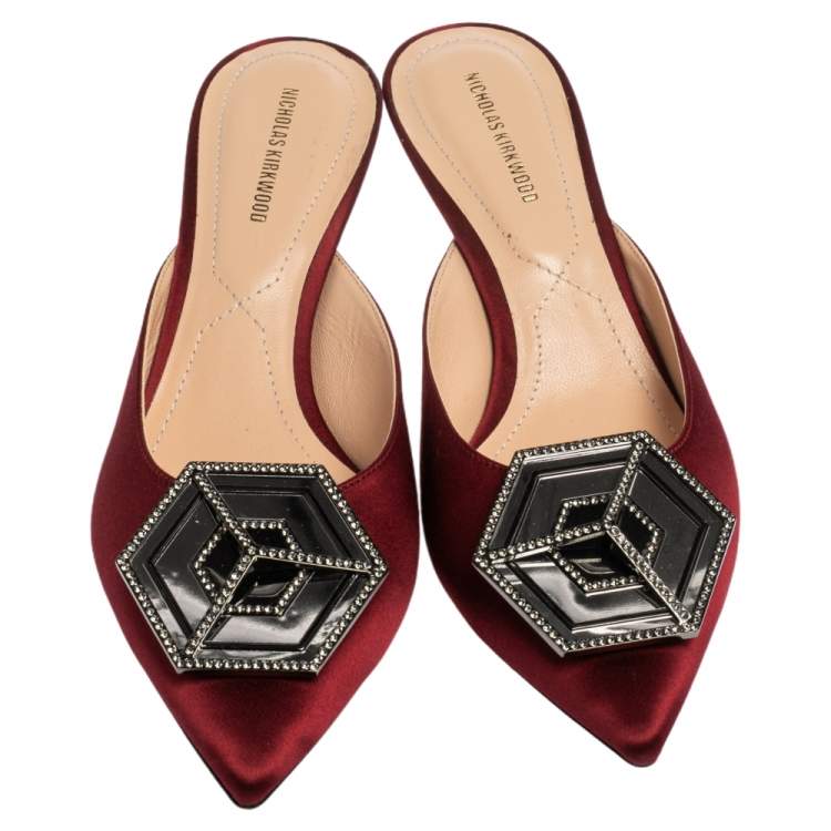 Pre Owned Nicholas Kirkwood Burgundy Satin Eden Crystal Embellished Mules Size 38