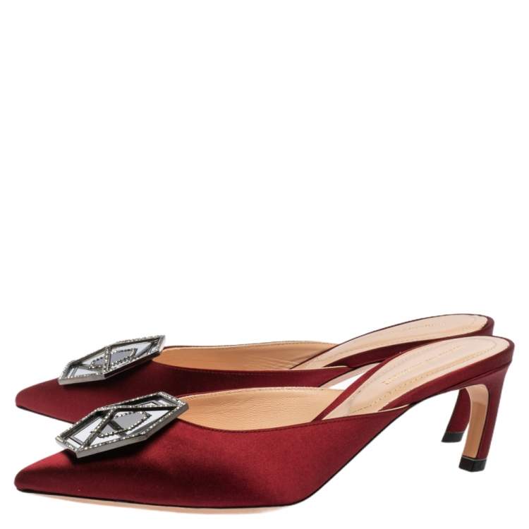 Pre Owned Nicholas Kirkwood Burgundy Satin Eden Crystal Embellished Mules Size 38