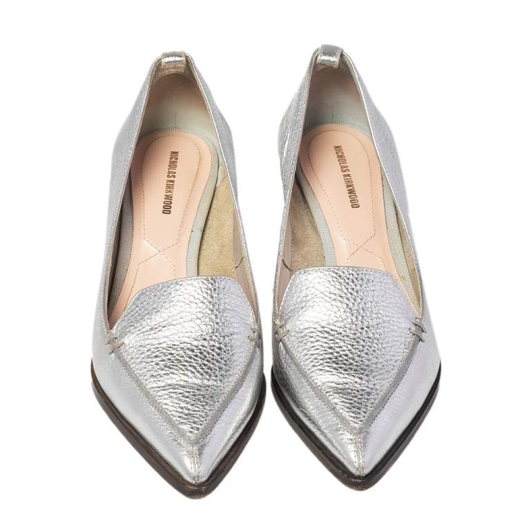 Pre Owned Nicholas Kirkwood Silver Leather Beya Block Heel Pumps Size 38