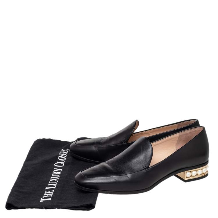 Pre Owned Nicholas Kirkwood Black Leather Casati Pearl Embellished Heel Loafers Size 38