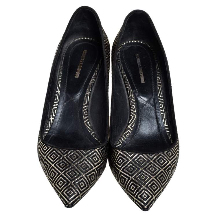 Pre Owned Nicholas Kirkwood Black/Gold Diamond Quilt Pattern Suede Pointed Toe Pumps Size 41