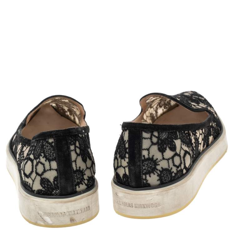 Pre Owned Nicholas Kirkwood Black Lace Alona Pointed Toe Platform Loafers Size 40.5