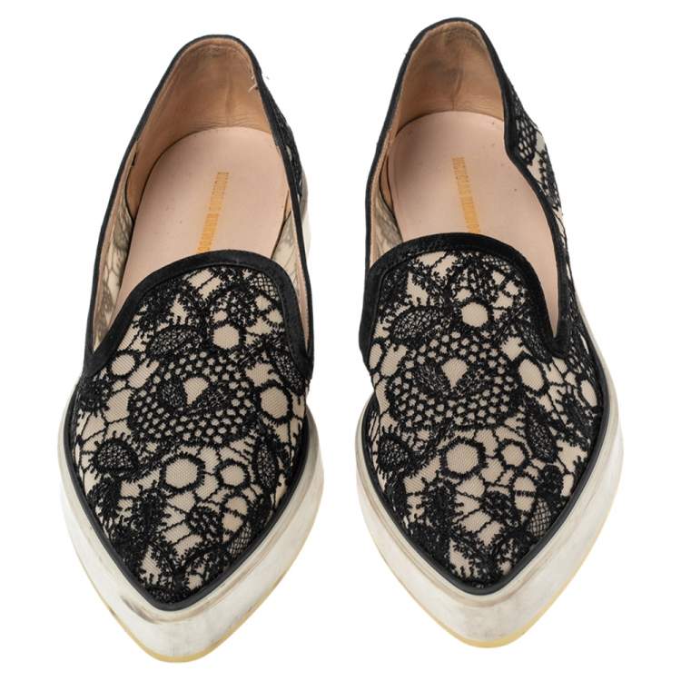 Pre Owned Nicholas Kirkwood Black Lace Alona Pointed Toe Platform Loafers Size 40.5