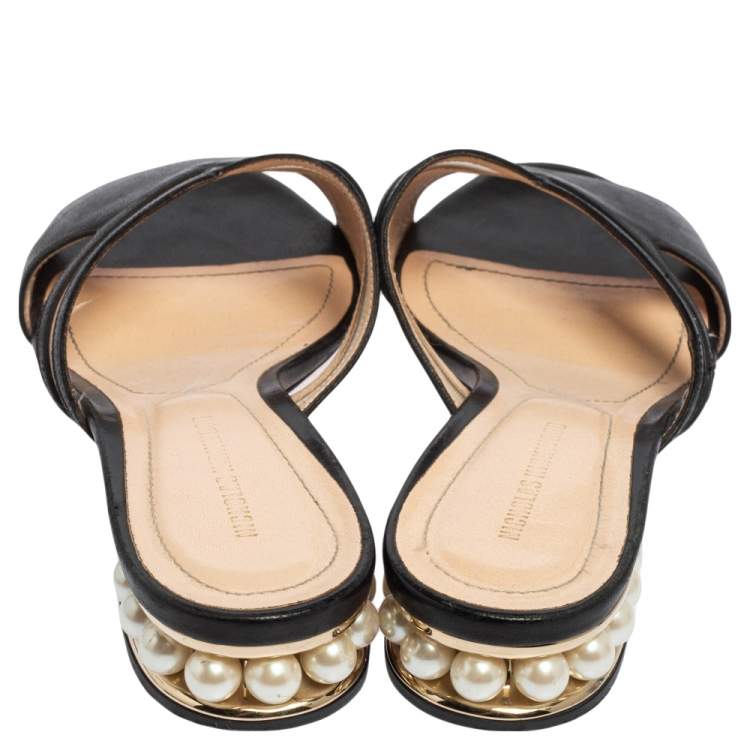 Pre Owned Nicholas Kirkwood Black Mesh and Leather Pearl Embellished Flat Slides Size 37