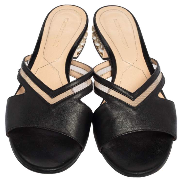 Pre Owned Nicholas Kirkwood Black Mesh and Leather Pearl Embellished Flat Slides Size 37