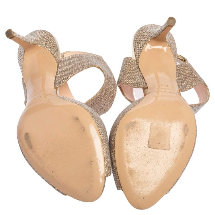 Pre Owned Nicholas Kirkwood Metallic Beige Glitter Fabric Ankle Strap Sandals Size 36.5