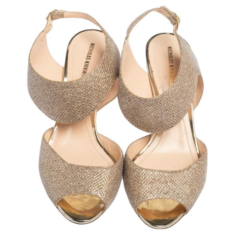Pre Owned Nicholas Kirkwood Metallic Beige Glitter Fabric Ankle Strap Sandals Size 36.5