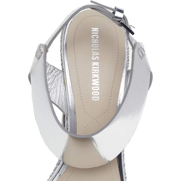 Pre Owned Nicholas Kirkwood Metallic Silver Foil Leather Wedge Espadrille Ankle Strap Sandals Size 37.5 