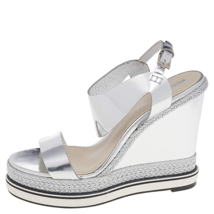 Pre Owned Nicholas Kirkwood Metallic Silver Foil Leather Wedge Espadrille Ankle Strap Sandals Size 37.5 