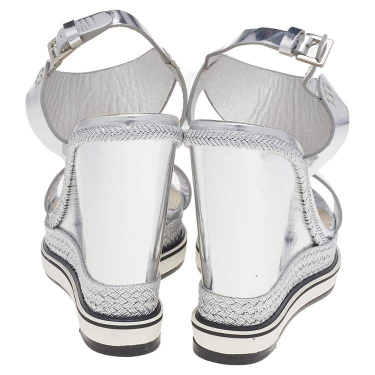 Pre Owned Nicholas Kirkwood Metallic Silver Foil Leather Wedge Espadrille Ankle Strap Sandals Size 37.5 