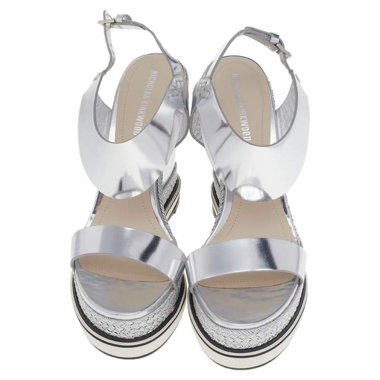 Pre Owned Nicholas Kirkwood Metallic Silver Foil Leather Wedge Espadrille Ankle Strap Sandals Size 37.5 