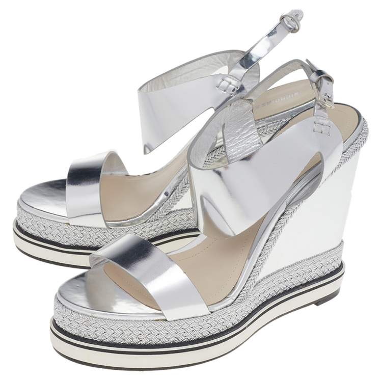 Pre Owned Nicholas Kirkwood Metallic Silver Foil Leather Wedge Espadrille Ankle Strap Sandals Size 37.5 