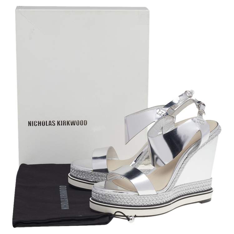 Pre Owned Nicholas Kirkwood Metallic Silver Foil Leather Wedge Espadrille Ankle Strap Sandals Size 37.5 