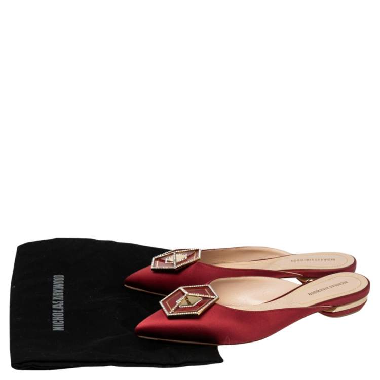 Pre Owned Nicholas Kirkwood Burgundy Satin Eden Crystal Embellished Mules Size 38