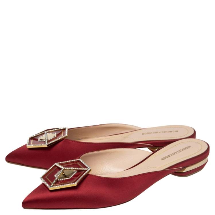 Pre Owned Nicholas Kirkwood Burgundy Satin Eden Crystal Embellished Mules Size 38