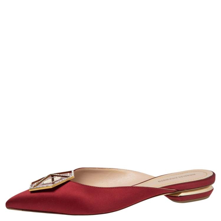 Pre Owned Nicholas Kirkwood Burgundy Satin Eden Crystal Embellished Mules Size 38