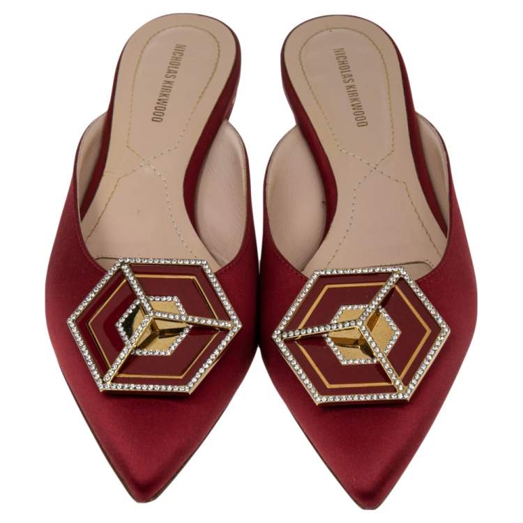 Pre Owned Nicholas Kirkwood Burgundy Satin Eden Crystal Embellished Mules Size 38