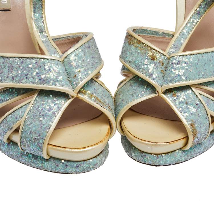 Pre Owned Nicholas Kirkwood Blue/Cream Patent Leather and Glitter T Strap Platform Sandals Size 37.5