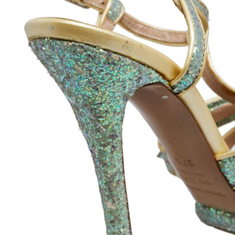 Pre Owned Nicholas Kirkwood Blue/Cream Patent Leather and Glitter T Strap Platform Sandals Size 37.5