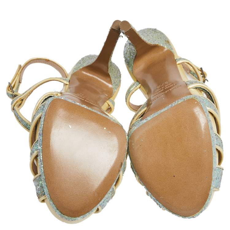 Pre Owned Nicholas Kirkwood Blue/Cream Patent Leather and Glitter T Strap Platform Sandals Size 37.5