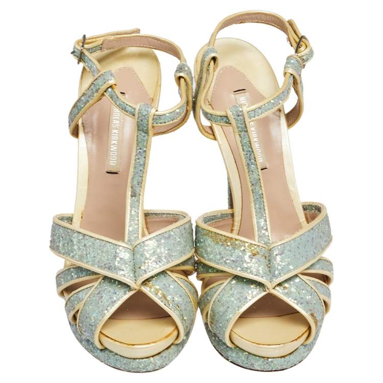 Pre Owned Nicholas Kirkwood Blue/Cream Patent Leather and Glitter T Strap Platform Sandals Size 37.5