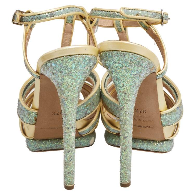 Pre Owned Nicholas Kirkwood Blue/Cream Patent Leather and Glitter T Strap Platform Sandals Size 37.5