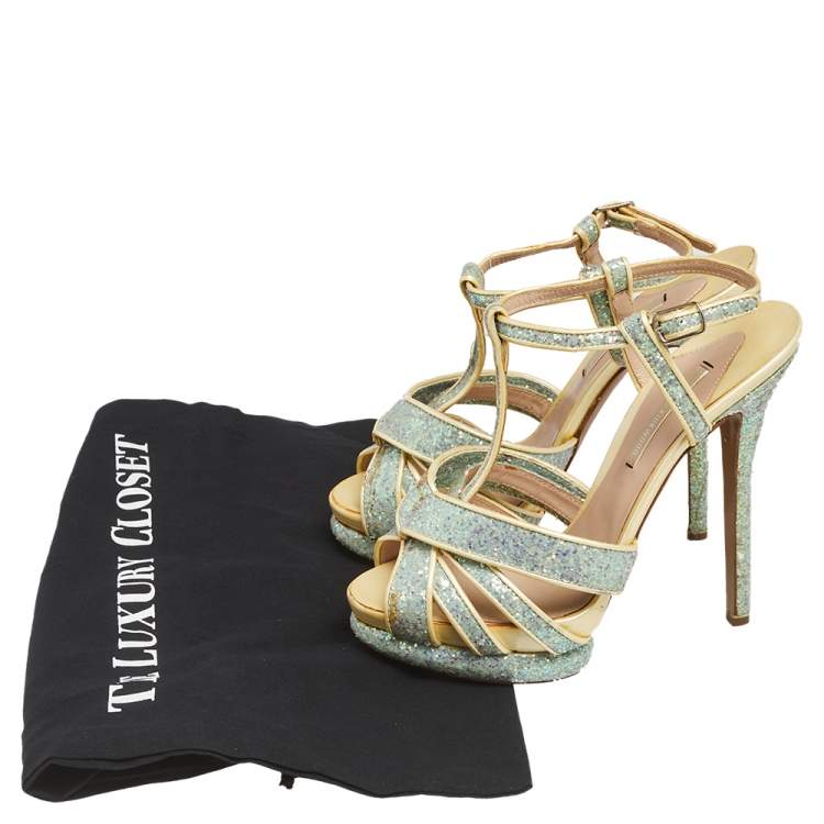 Pre Owned Nicholas Kirkwood Blue/Cream Patent Leather and Glitter T Strap Platform Sandals Size 37.5