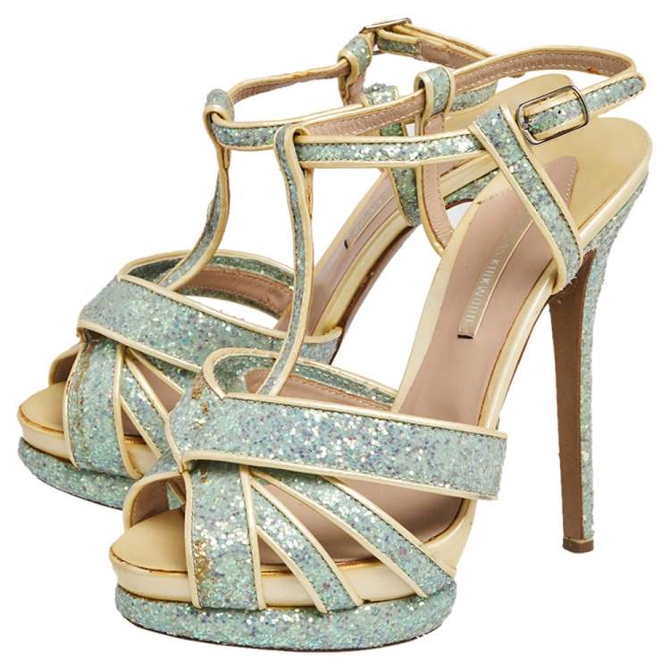 Pre Owned Nicholas Kirkwood Blue/Cream Patent Leather and Glitter T Strap Platform Sandals Size 37.5
