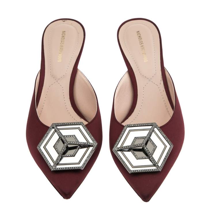 Pre Owned Nicholas Kirkwood Burgundy Satin Eden Crystal Embellished Mules Size 39