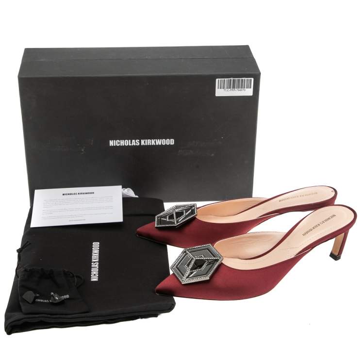 Pre Owned Nicholas Kirkwood Burgundy Satin Eden Crystal Embellished Mules Size 39