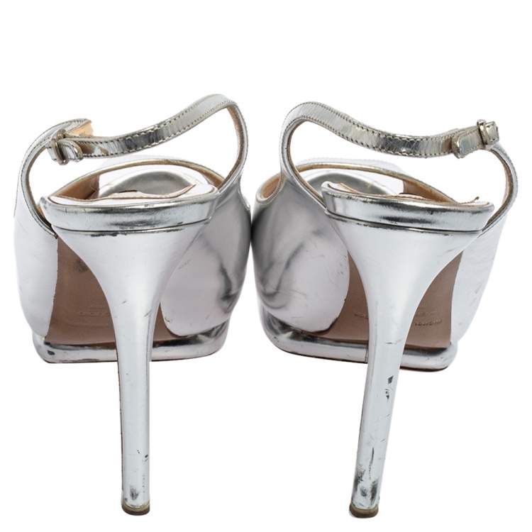 Pre Owned Nicholas Kirkwood Silver Glossy Leather Peep Toe Slingback Sandals Size 38