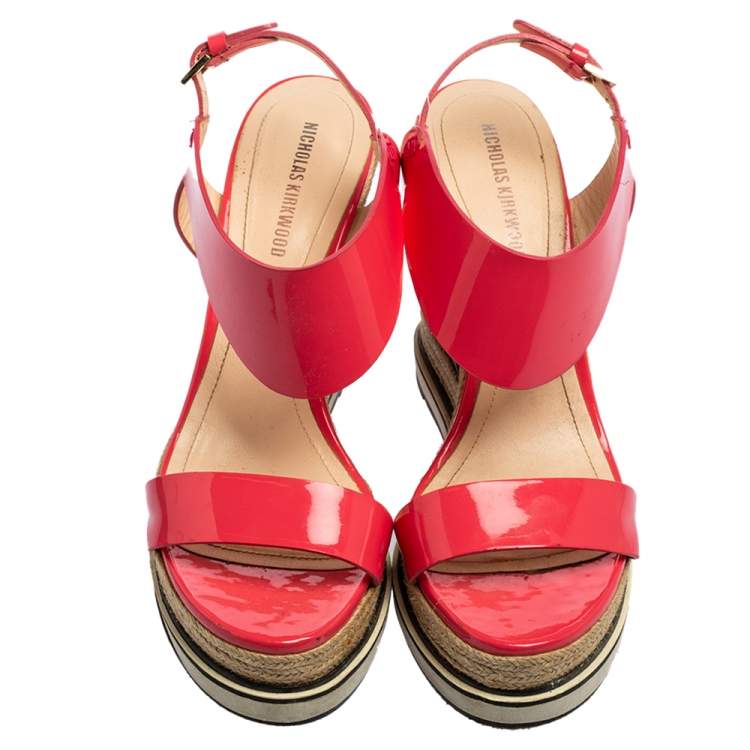 Pre Owned Nicholas Kirkwood Fuchsia Patent Leather Wedge Espadrille Ankle Strap Sandals Size 39