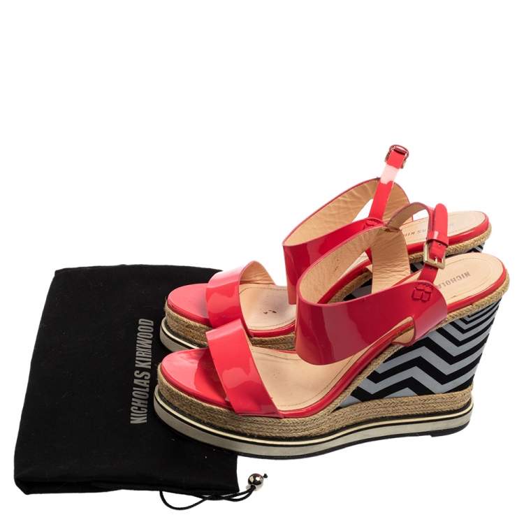 Pre Owned Nicholas Kirkwood Fuchsia Patent Leather Wedge Espadrille Ankle Strap Sandals Size 39