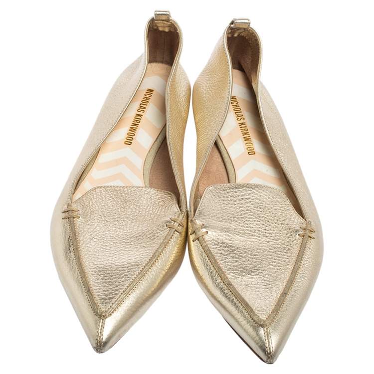 Pre Owned Nicholas Kirkwood Gold Leather Beya Pointed Toe Flats Size 40