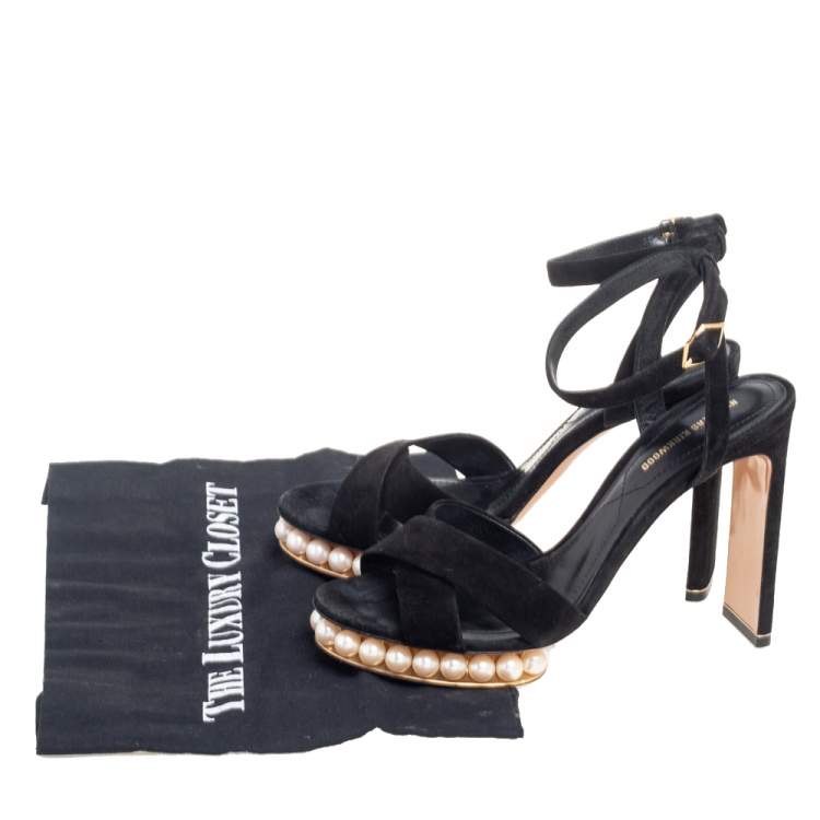 Pre Owned Nicholas Kirkwood Black Suede  Pearl Embellished Platform Ankle Strap Sandals Size 38