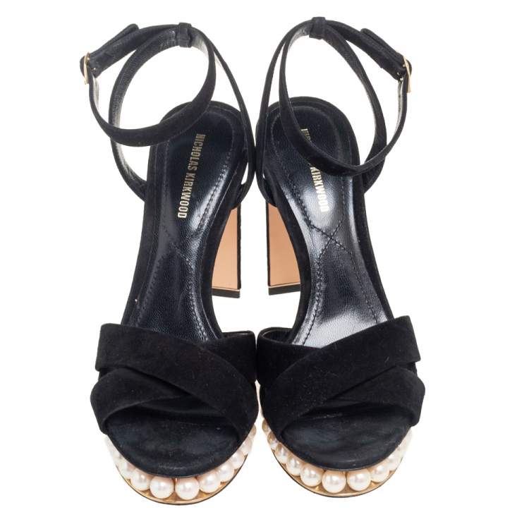 Pre Owned Nicholas Kirkwood Black Suede  Pearl Embellished Platform Ankle Strap Sandals Size 38