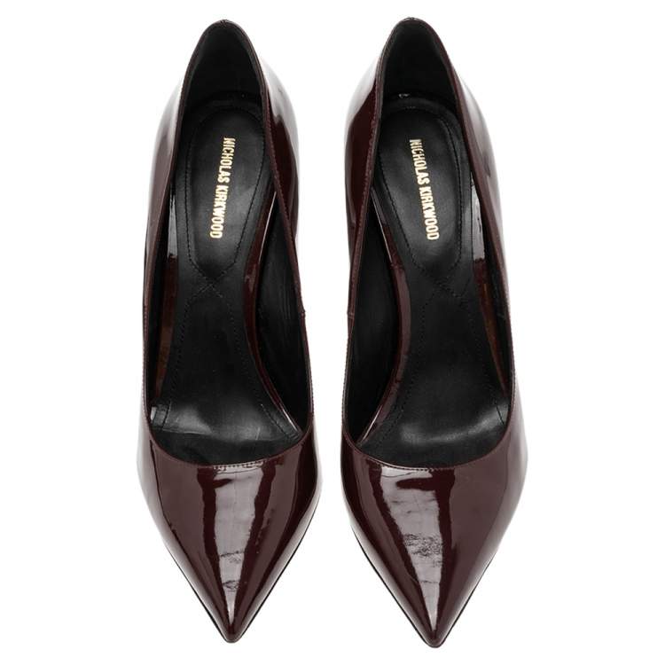 Pre Owned Nicholas Kirkwood Burgundy Patent Leather Wedge Pointed Toe Pumps Size 40