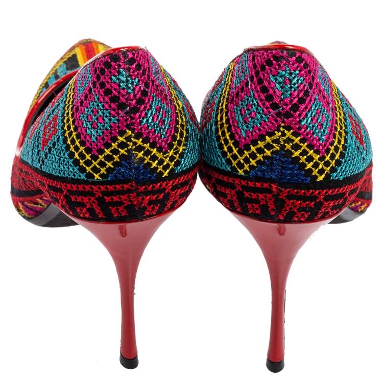 Pre Owned Nicholas Kirkwood Multicolor Mexican Embroidered Fabric Pointed Toe Pumps Size 39.5
