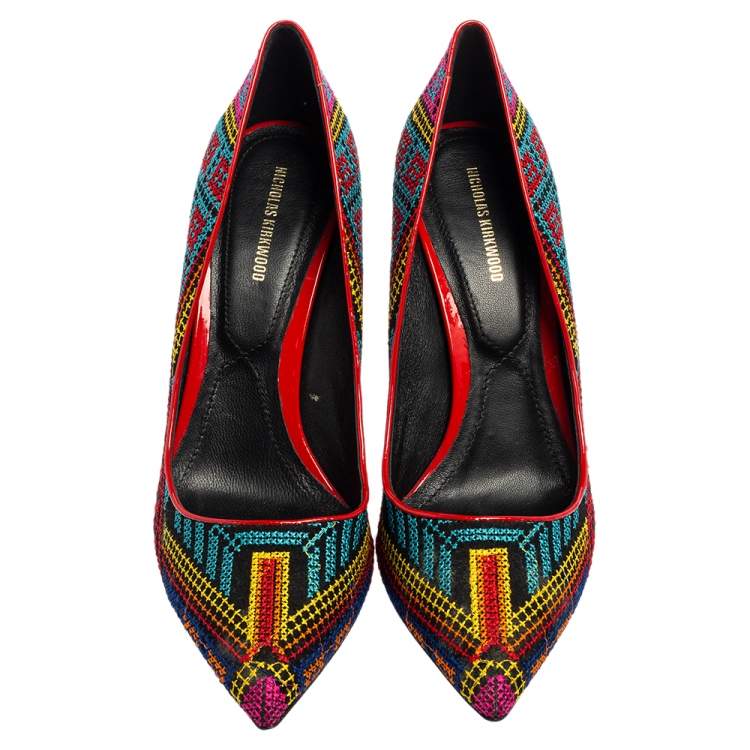 Pre Owned Nicholas Kirkwood Multicolor Mexican Embroidered Fabric Pointed Toe Pumps Size 39.5