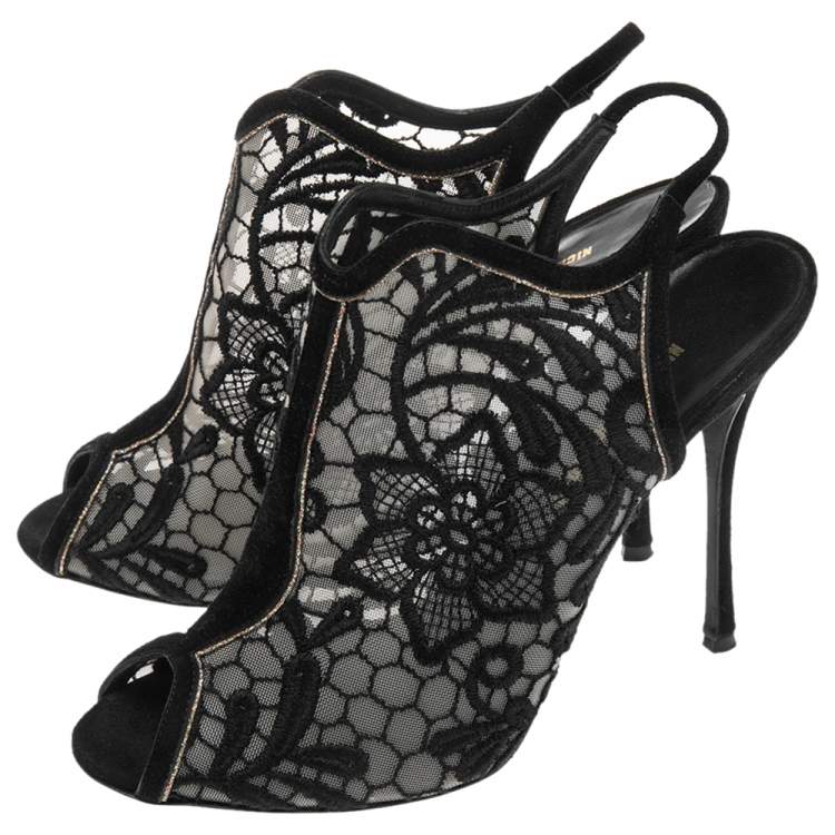 Pre Owned  Nicholas Kirkwood Black Suede And Lace Slingback Sandals Size 37.5