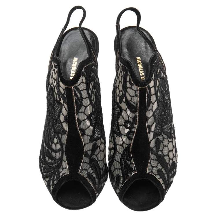 Pre Owned  Nicholas Kirkwood Black Suede And Lace Slingback Sandals Size 37.5