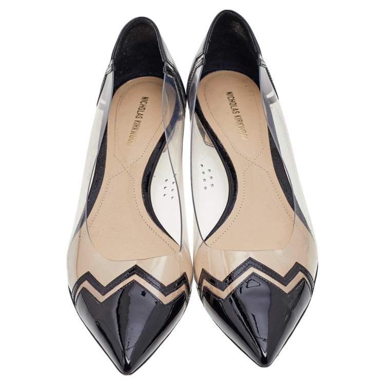 Pre Owned Nicholas Kirkwood Black/Transparent Patent Leather and PVC Pointed Toe Ballet Flats Size 40