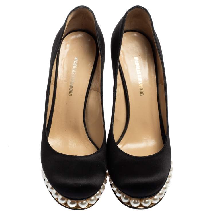 Pre Owned Nicholas Kirkwood Black Satin Casati Faux Pearl Platform Pumps Size 38