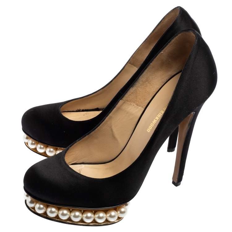 Pre Owned Nicholas Kirkwood Black Satin Casati Faux Pearl Platform Pumps Size 38