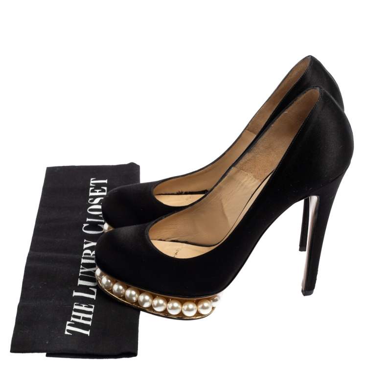 Pre Owned Nicholas Kirkwood Black Satin Casati Faux Pearl Platform Pumps Size 38