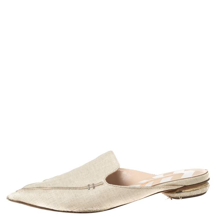 Pre Owned Nicholas Kirkwood Cream Raffia Pointed Toe Beya Flat Mule Sandals Size 40.5
