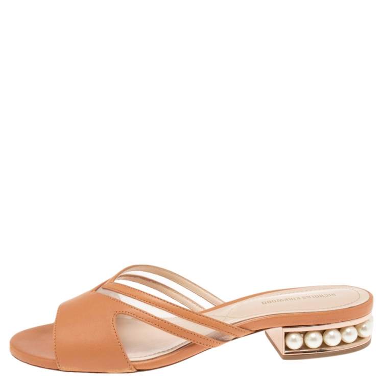 Pre Owned Nicholas Kirkwood Clay Mesh and Leather Pearl Embellished Slide Sandals Size 38