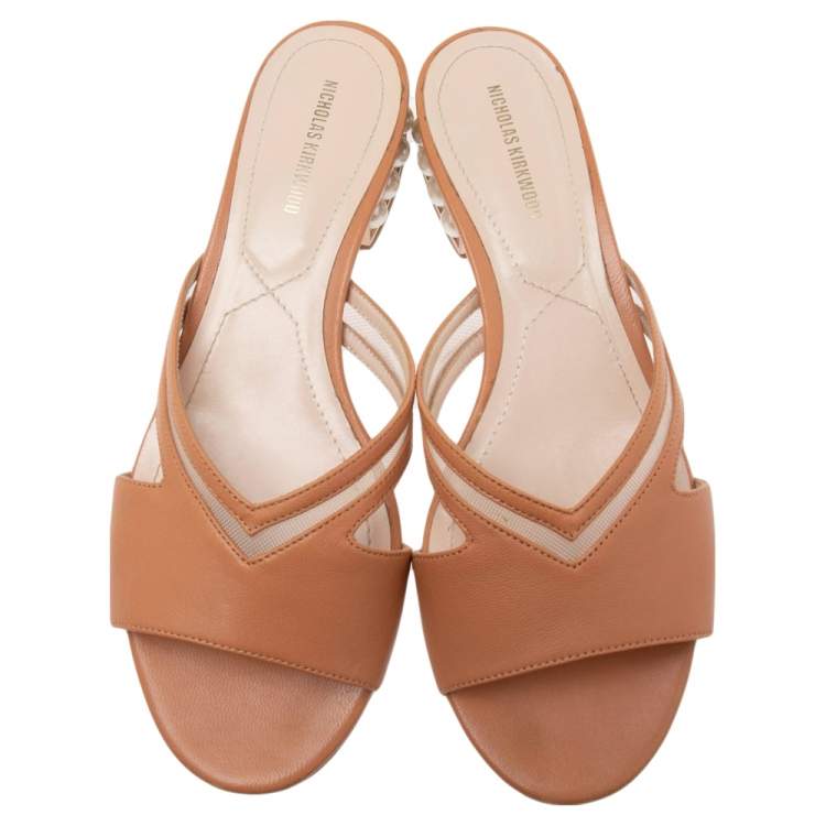 Pre Owned Nicholas Kirkwood Clay Mesh and Leather Pearl Embellished Slide Sandals Size 38