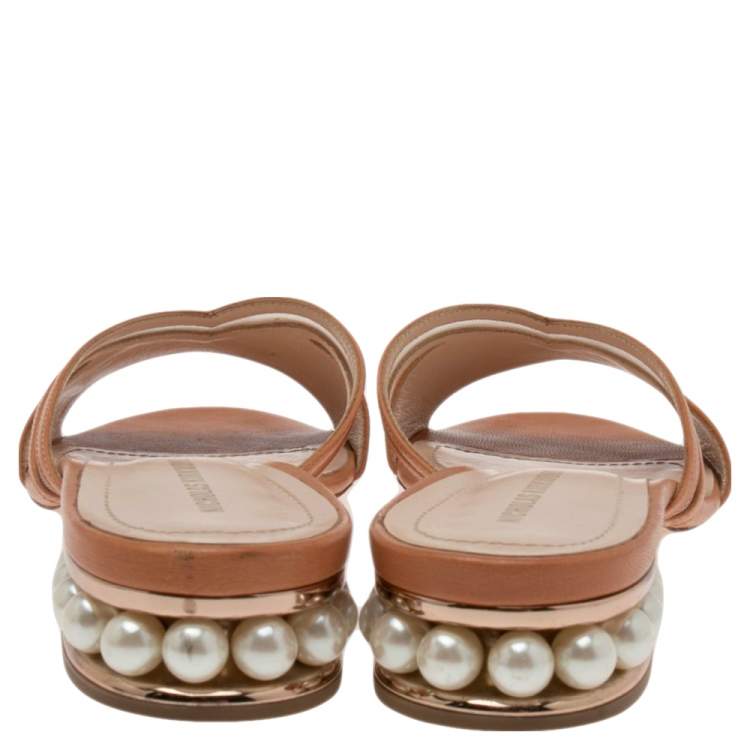 Pre Owned Nicholas Kirkwood Clay Mesh and Leather Pearl Embellished Slide Sandals Size 38